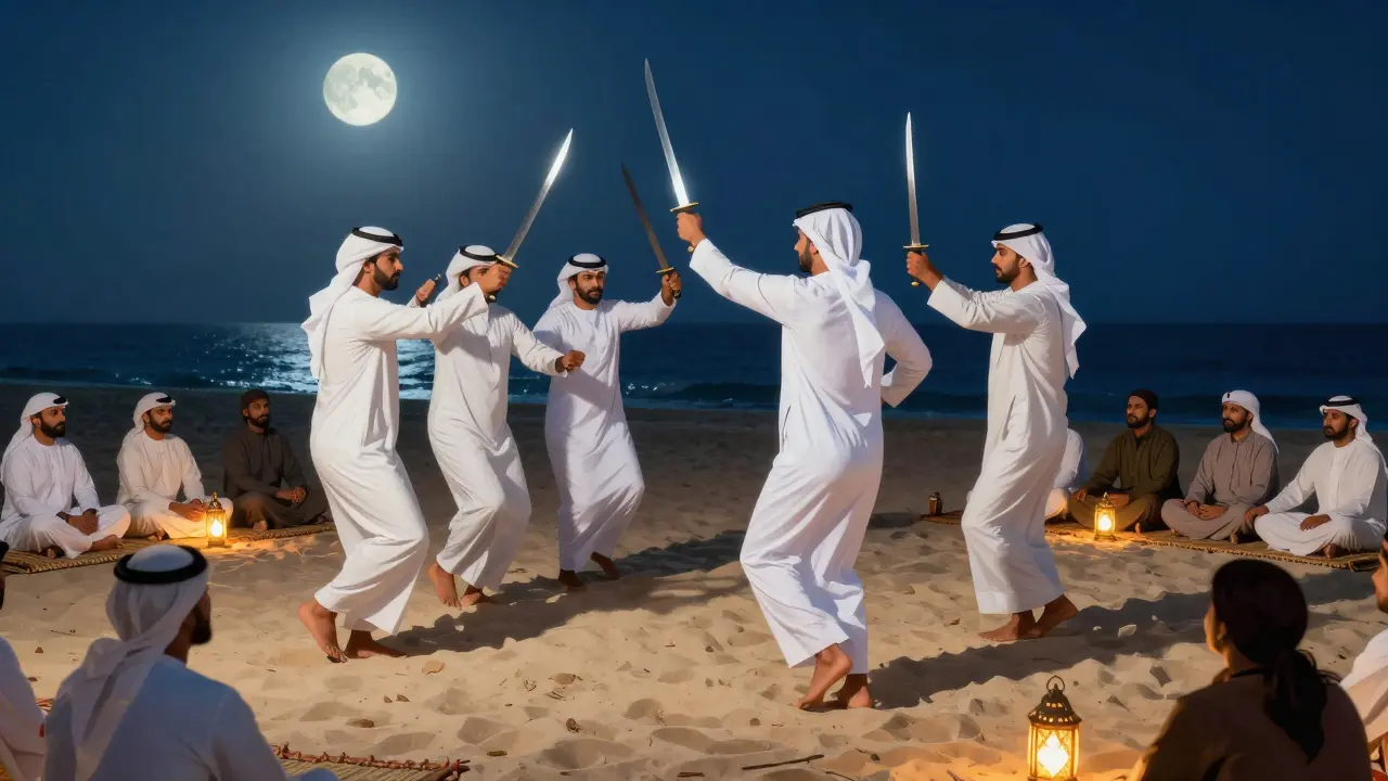 Emirati men performing Ardha dance with swords under moonlight, guests watching on mats by the beach.