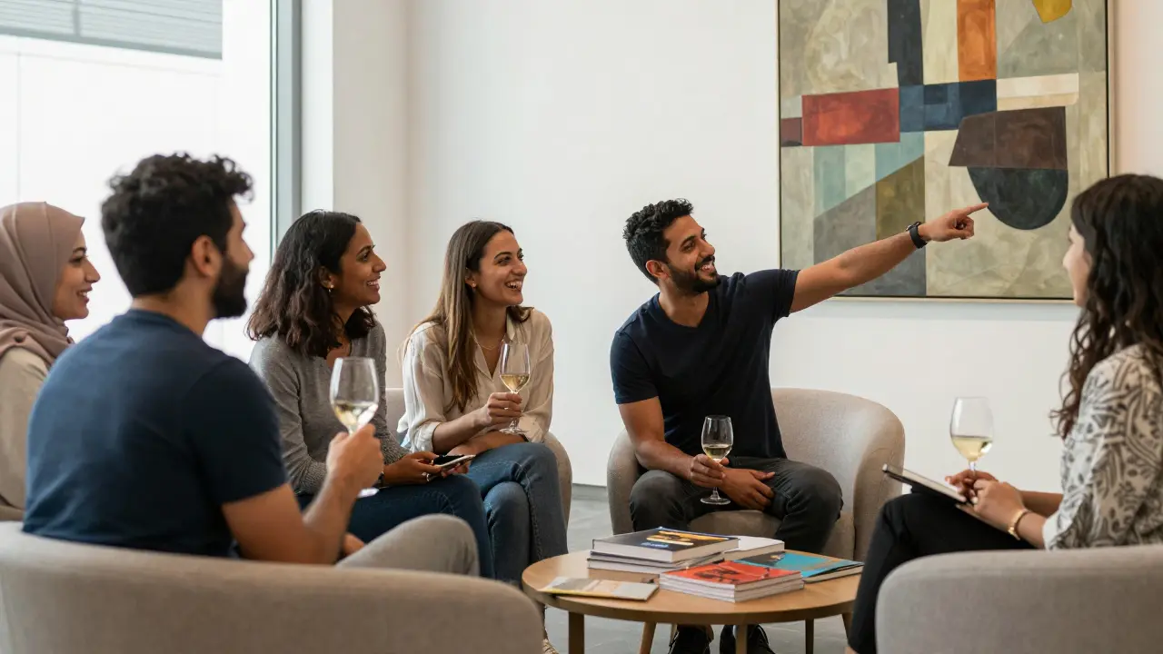 Group of people laughing in Louvre Abu Dhabi lounge, engaged in cultural conversation.