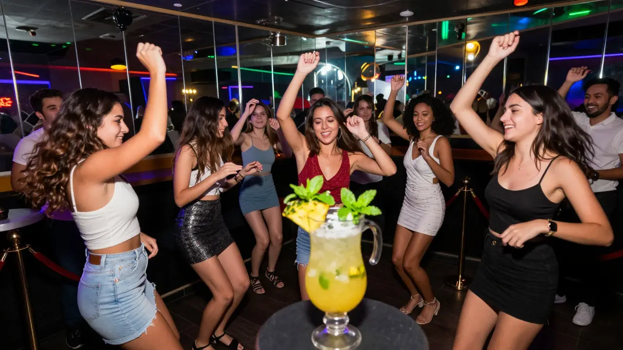 Group of women dancing in a mirrored nightclub under colorful lights with a cocktail pitcher on the floor.