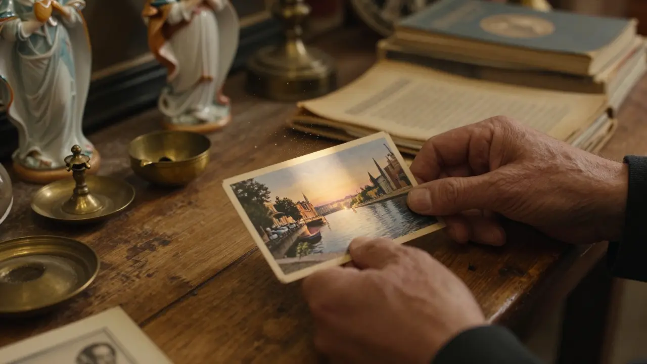 Hands placing a vintage Seine postcard among antique treasures at Saint-Ouen flea market.