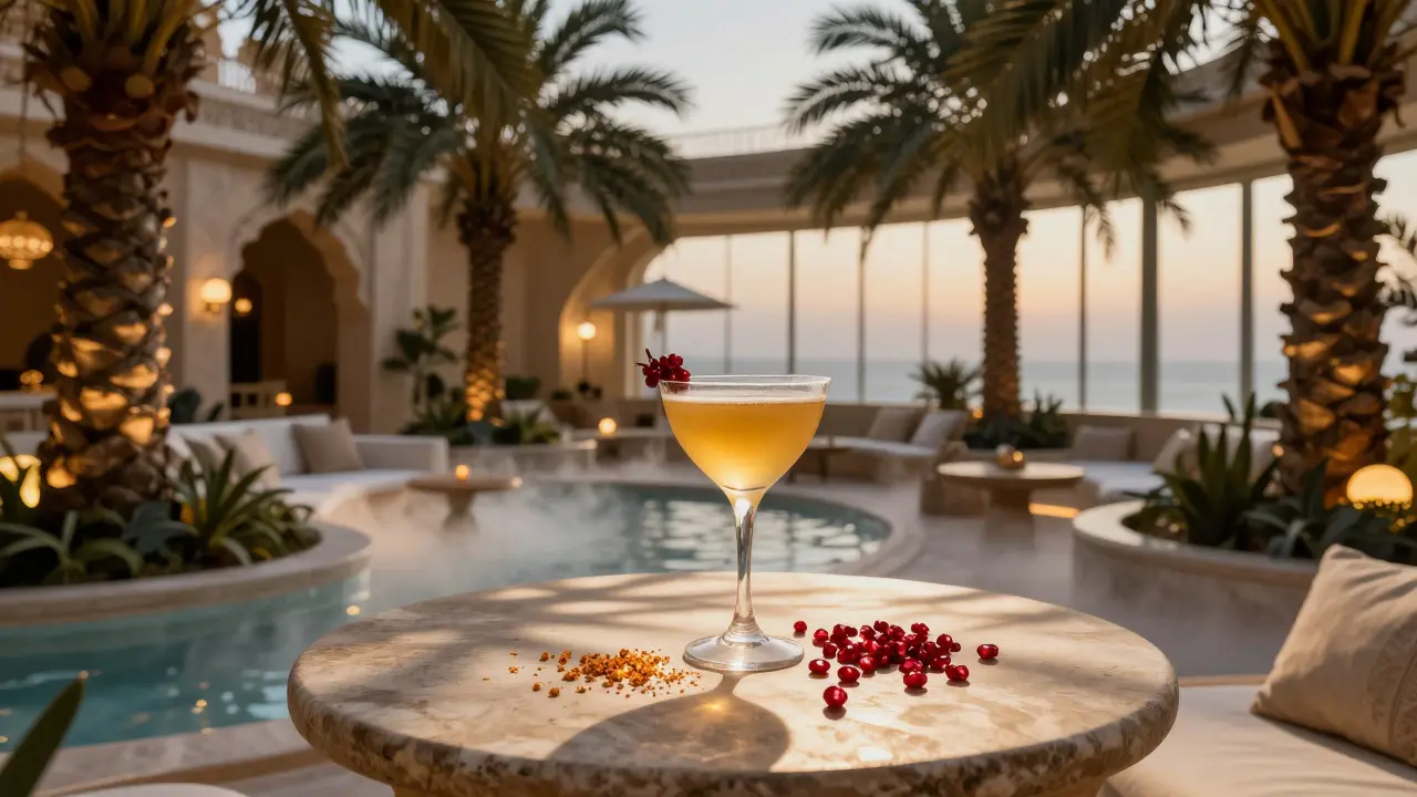 Hidden rooftop garden bar with palm trees, water features, and a glowing cocktail surrounded by mist and petals.