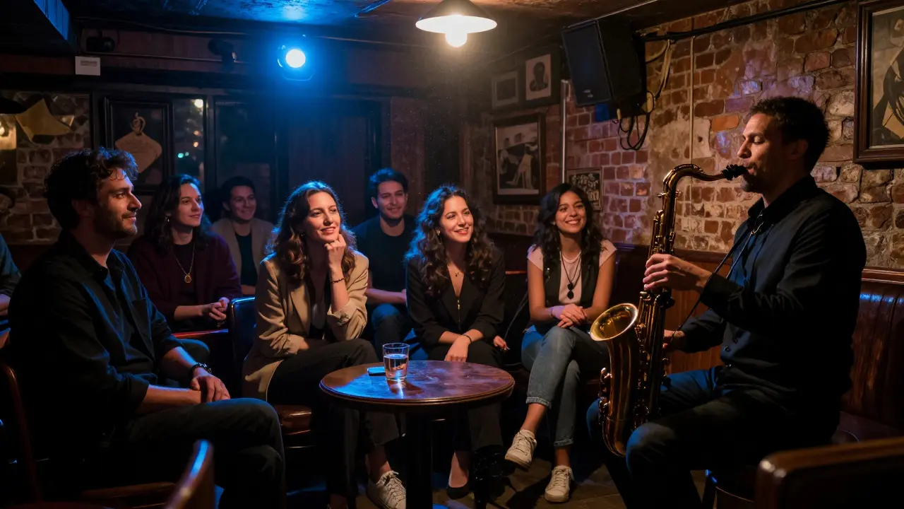 Intimate jazz club basement with musicians playing and patrons swaying in soft blue and amber lighting.