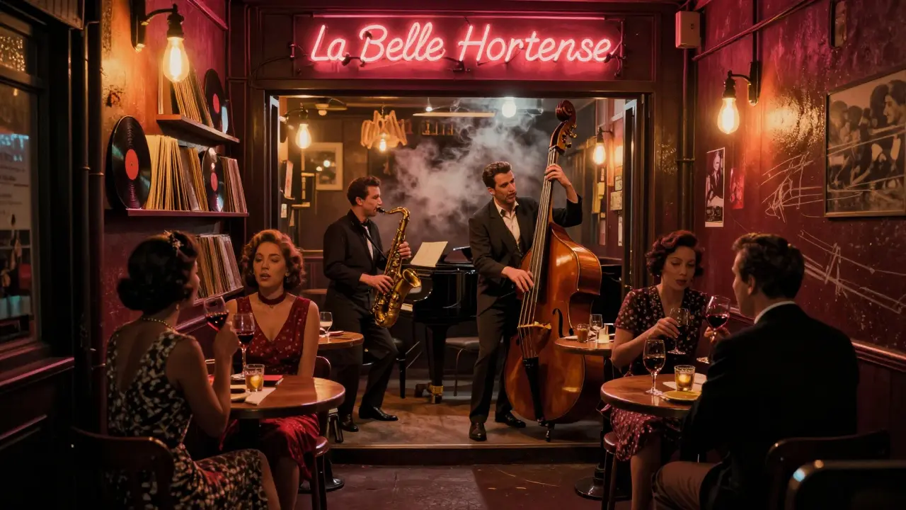 Jazz bar interior with musicians playing, vinyl records on walls, and warm low lighting in vintage comic style.
