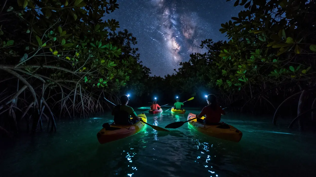 Kayakers gliding through dark mangroves as glowing plankton light up the water beneath them.