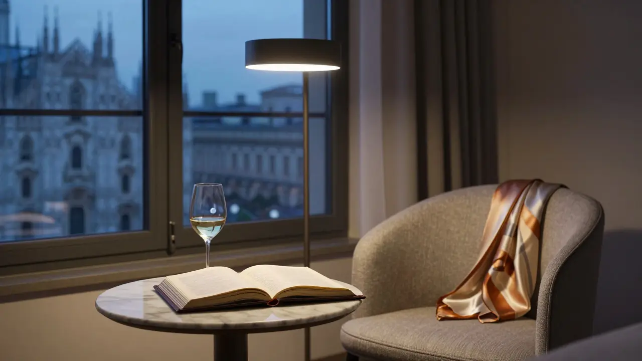 Luxury Milan apartment at dusk with signs of a recent companion visit, no people present.