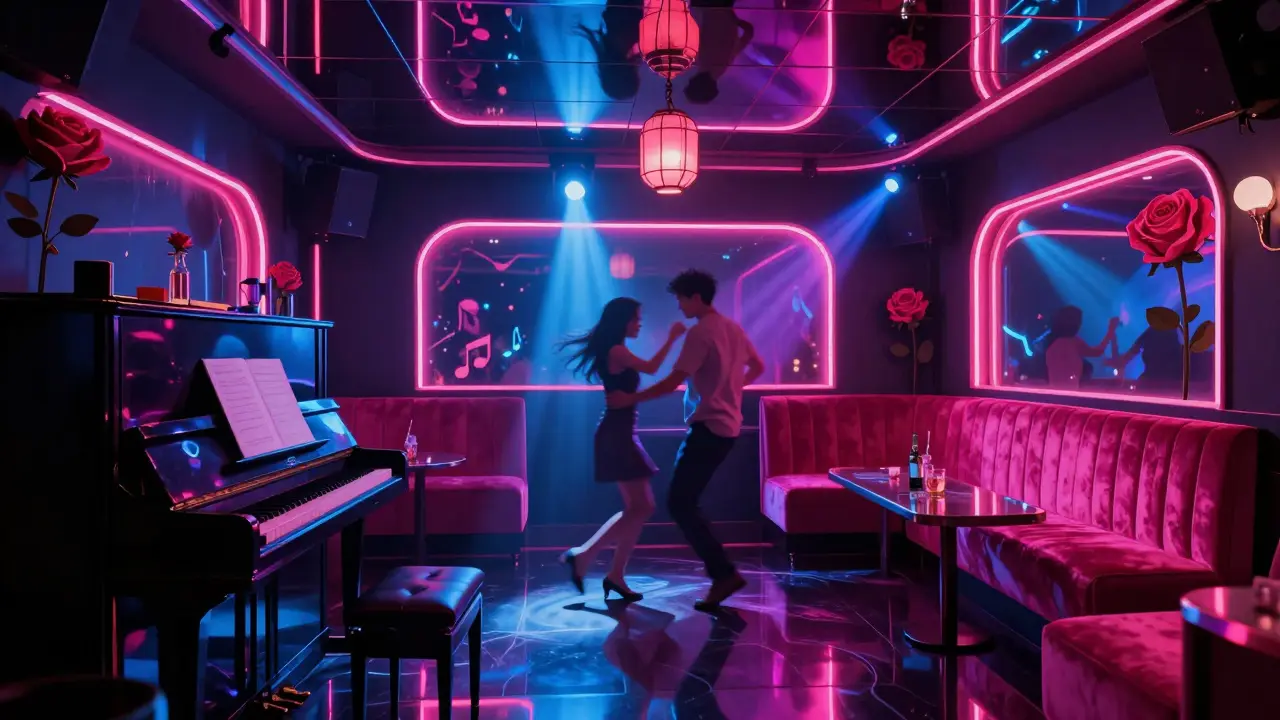 Neon-lit karaoke booth with velvet seating, mirrored ceiling, and vibrant lights reflecting off the floor.