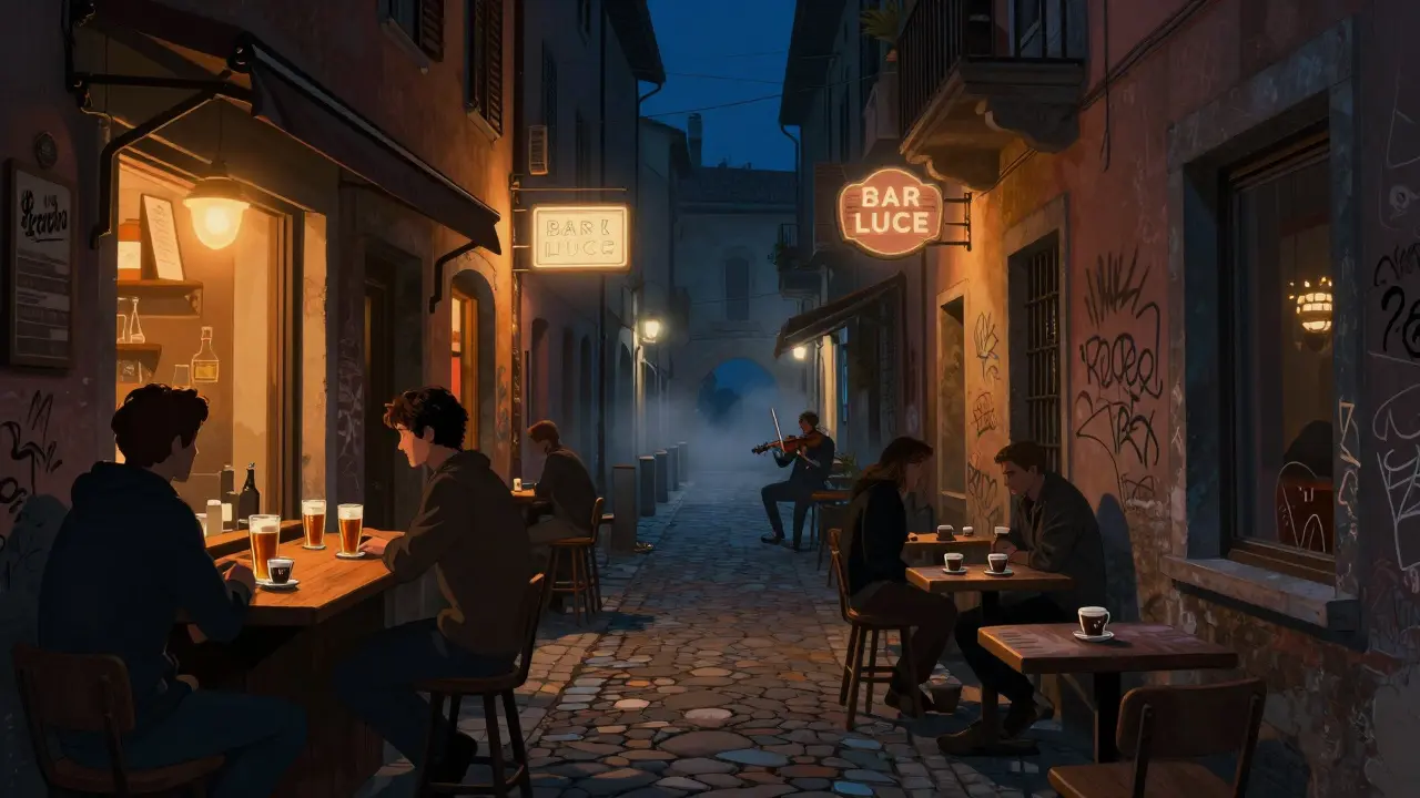 Nighttime alley in Porta Ticinese with glowing bars, patrons drinking beer, and a musician playing violin.