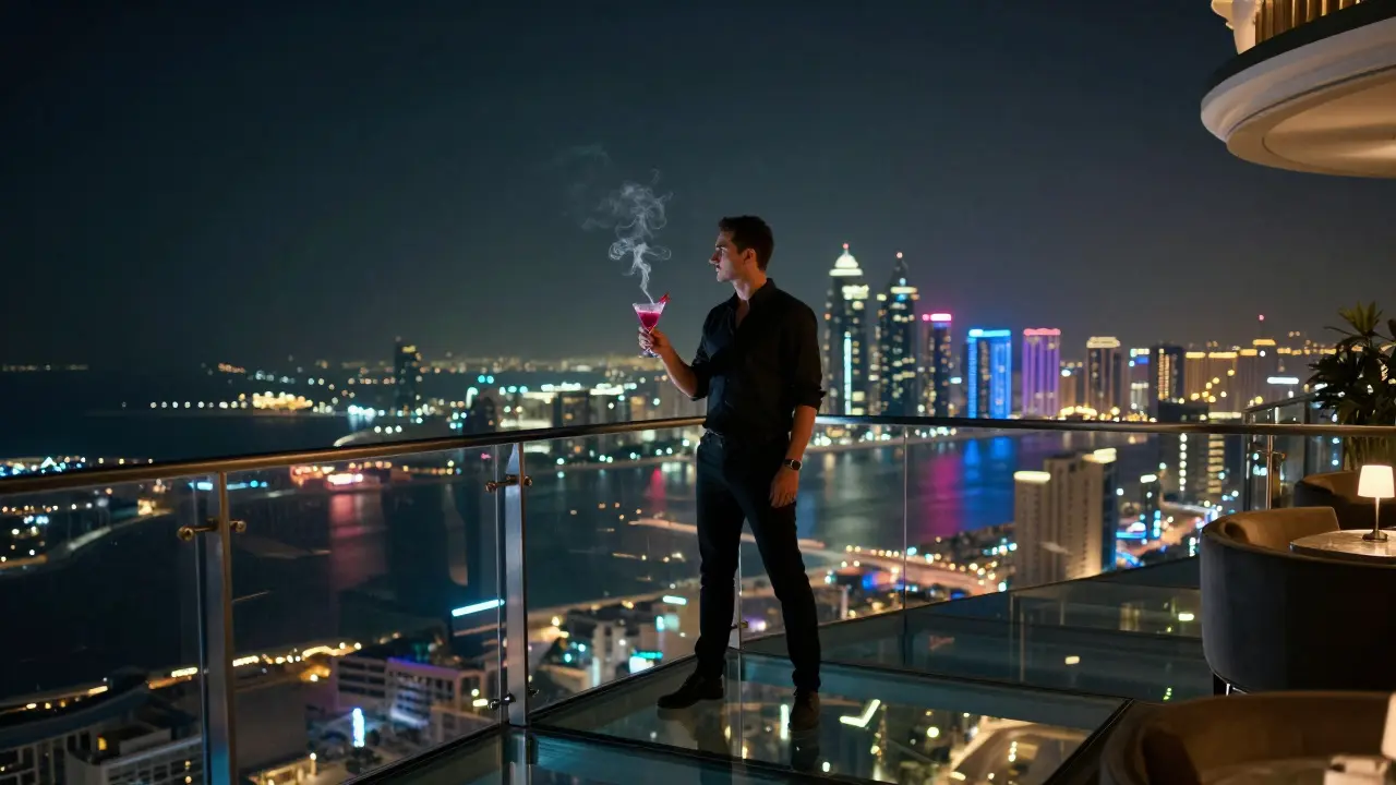 Person standing on a glass rooftop floor with city lights glowing far below under the night sky.