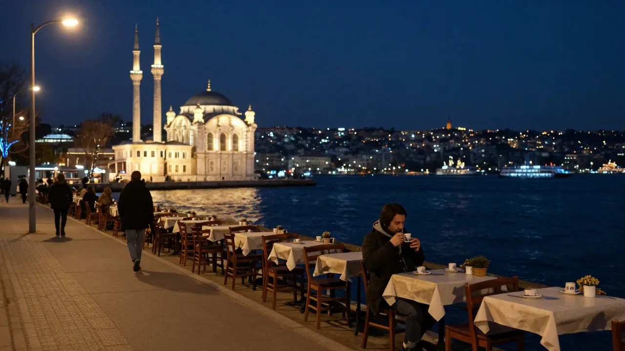 Quiet Bosphorus shore walk at night with café lights reflecting on water and a lit mosque in the distance.