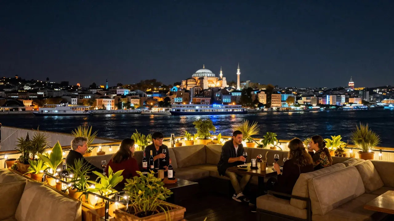 Rooftop bar Leb-i Derya with fairy lights, guests relaxing, and the Bosphorus glowing in the distance.