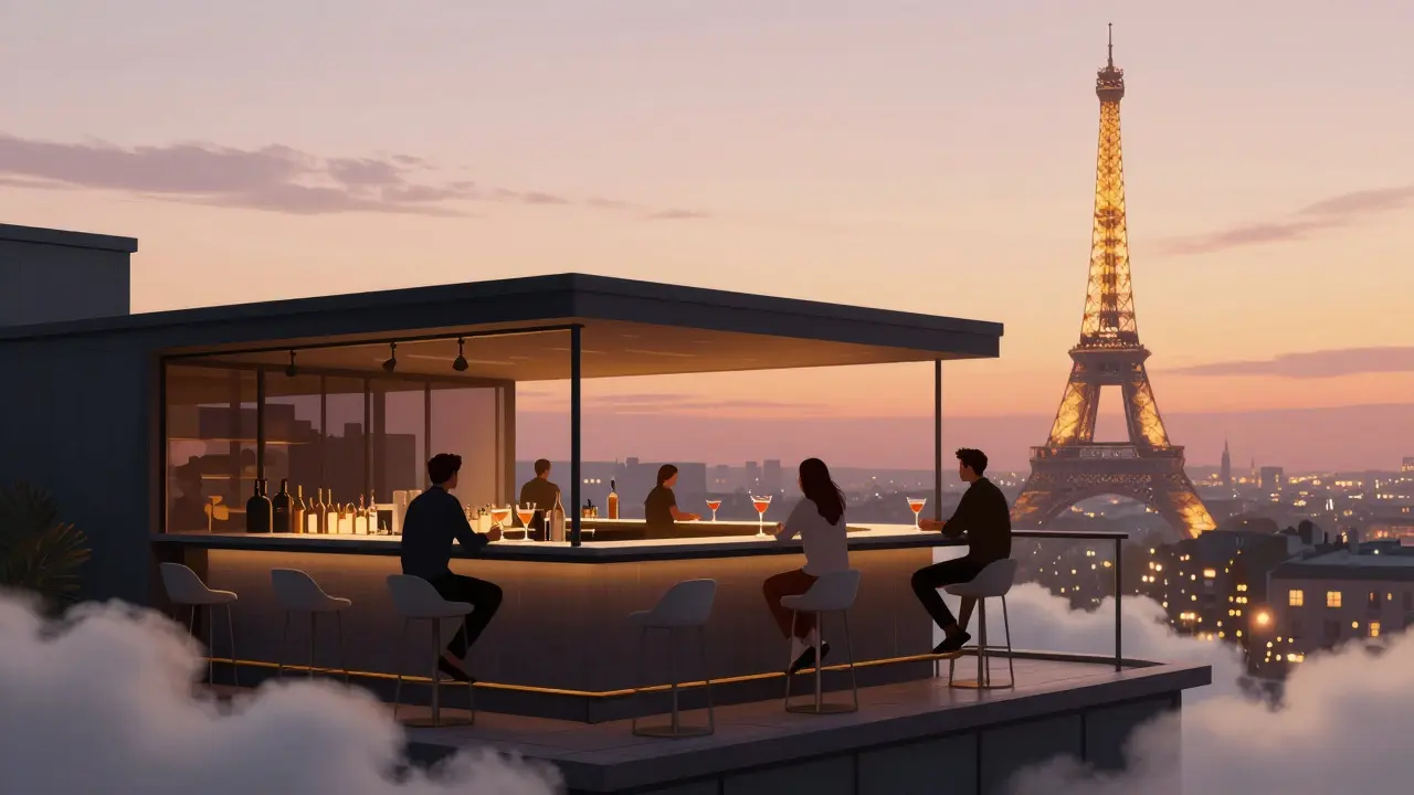 Rooftop bar with Eiffel Tower view at sunset, guests sipping cocktails against a glowing twilight sky.