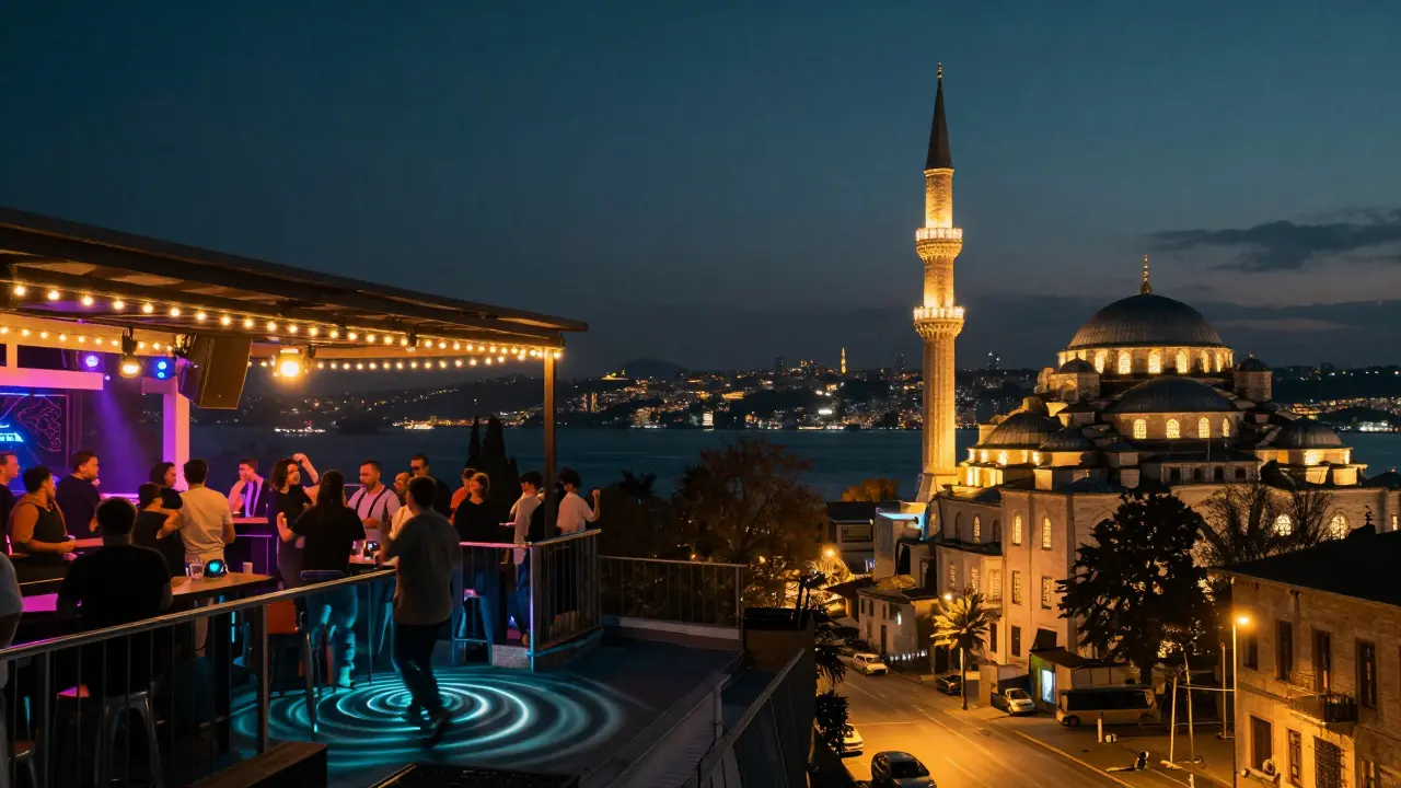 Rooftop club and mosque coexisting at night, Bosphorus shimmering between secular joy and sacred silence.