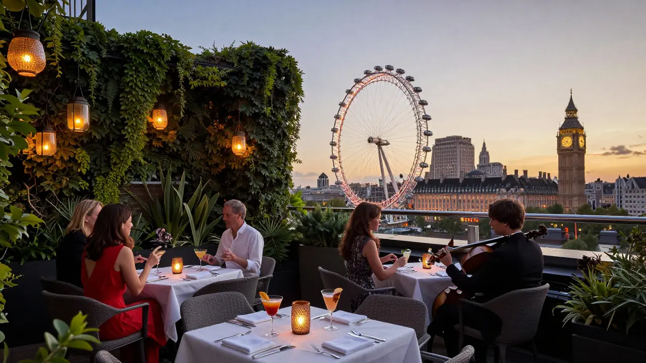 Rooftop garden at dusk with lanterns, elegant guests, and London landmarks glowing in the distance.