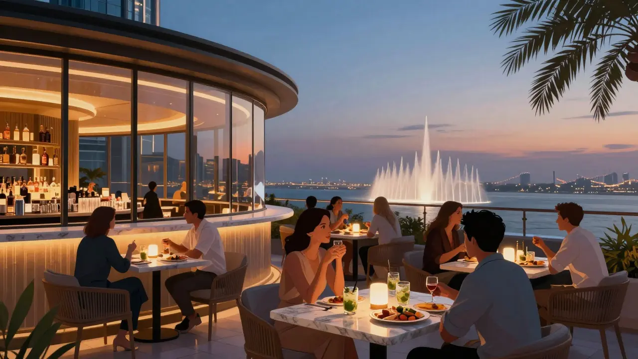 Rooftop lounge with 360-degree city views at dusk, patrons enjoying drinks and small plates under warm lighting.