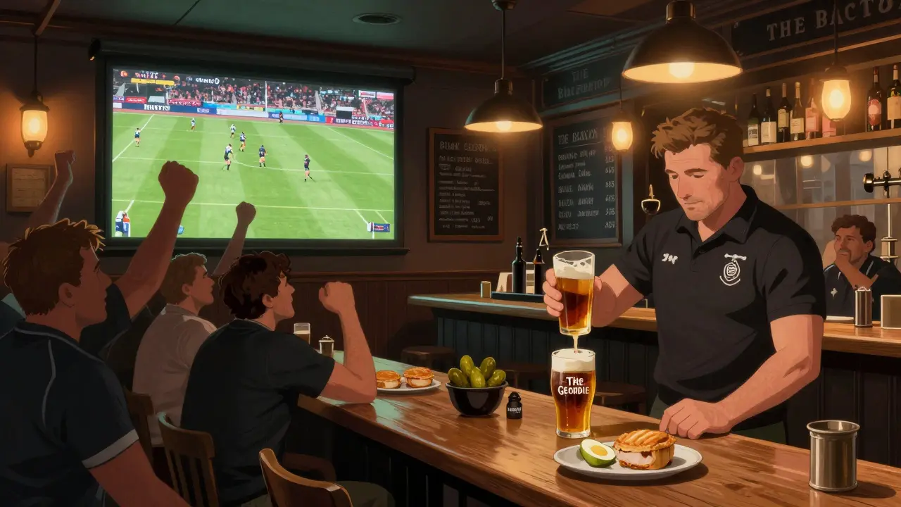 Rugby fans cheering at a British pub with a large screen, pork pies, and a chalkboard of real ales.