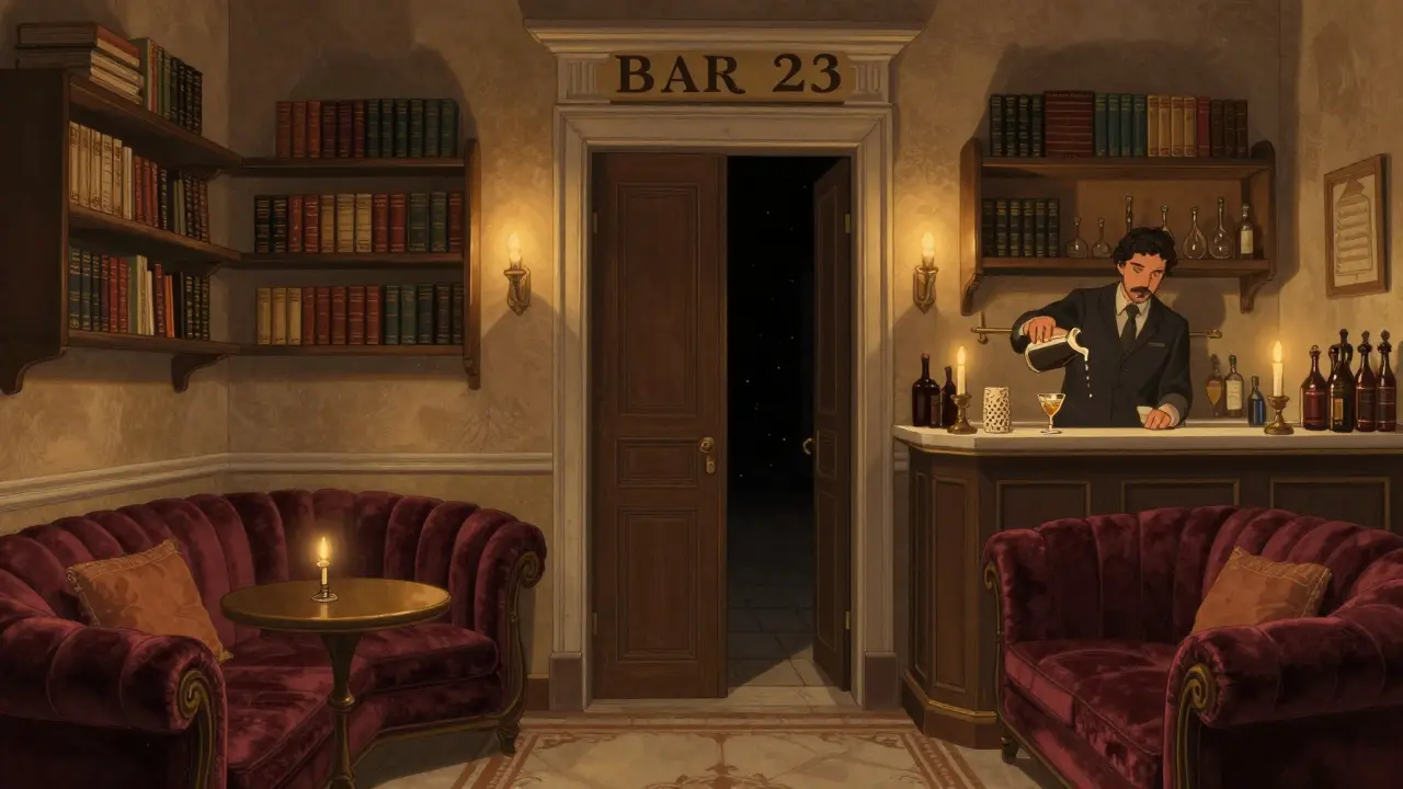 Secret bar inside an old mansion, candlelit, with velvet couches and shelves of books, no signs visible.