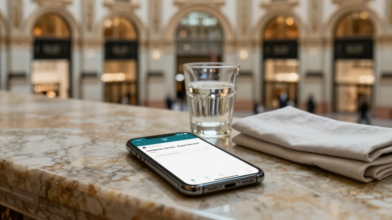 Smartphone showing bank transfer on marble counter, hotel lobby blurred in background.