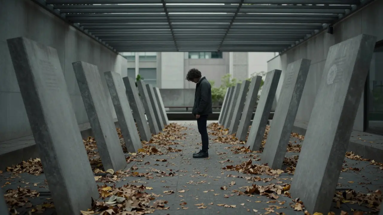 Solitary figure stands in the Garden of Exile at the Jewish Museum, surrounded by tilted stelae and falling leaves under diffused light.