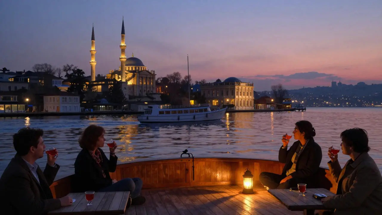 Traditional wooden boat on the Bosphorus at dawn, lit by lanterns, reflecting city lights and minarets.
