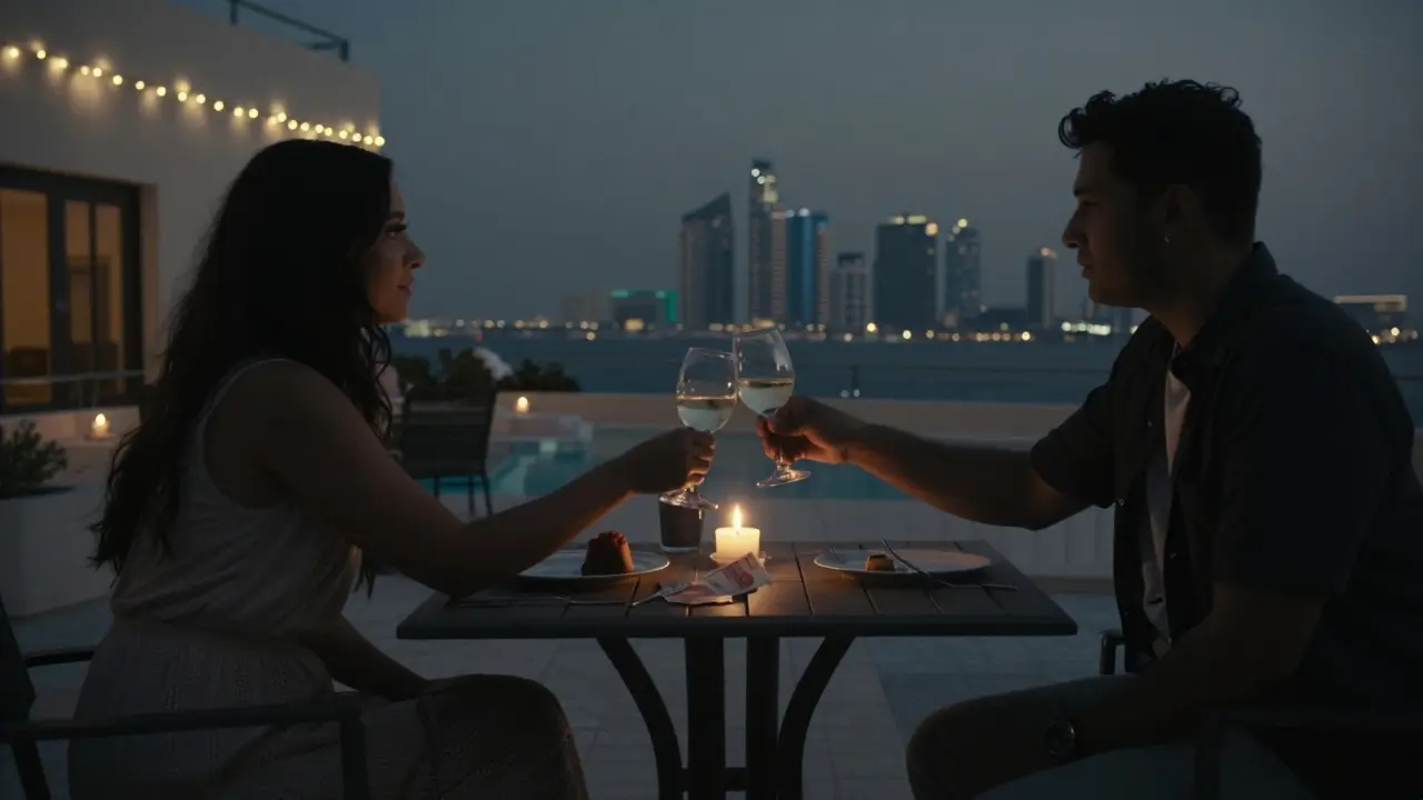 Two anonymous figures on a private villa terrace at night, a banknote on the table beside an untouched dessert.