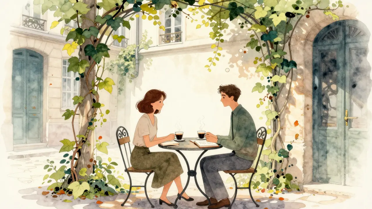 Two people enjoy espresso in a secluded Parisian courtyard, books open, sunlight filtering through ivy.