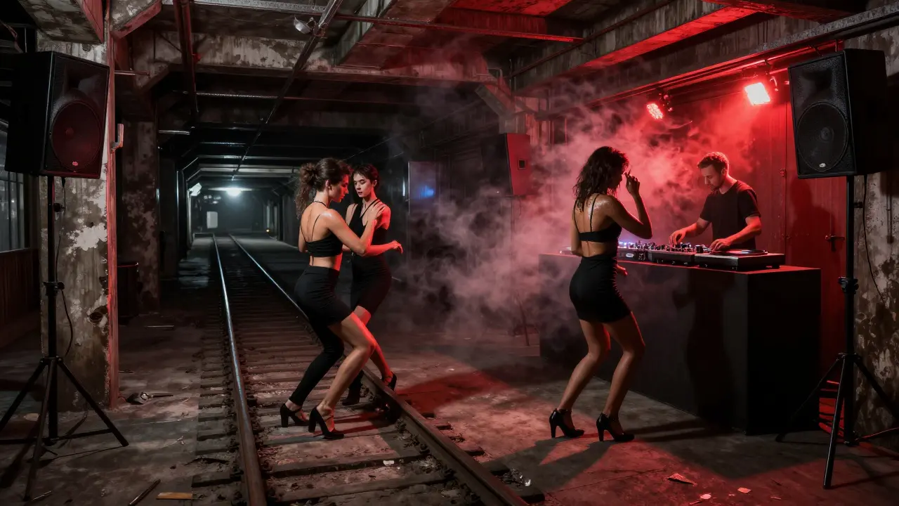 Underground club at night with dancers under red lighting, vinyl turntable, and industrial atmosphere.
