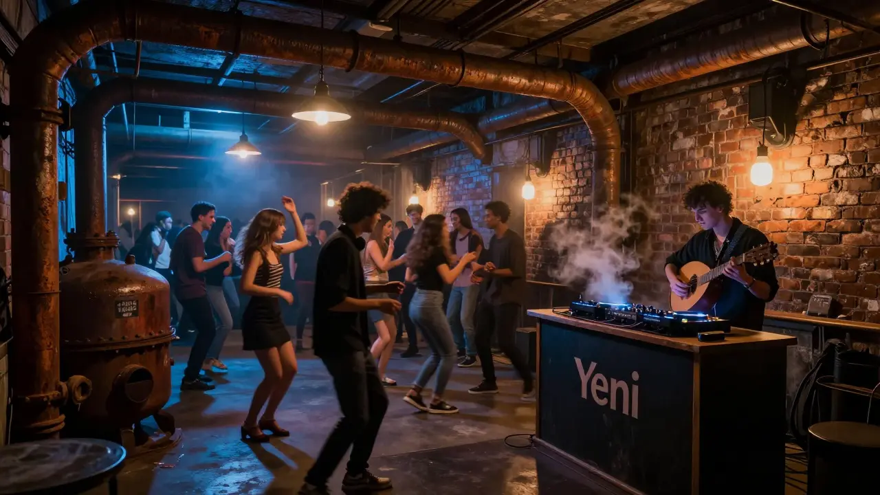 Underground club in a converted tobacco factory with dancers under industrial lights and Turkish music blending into techno.