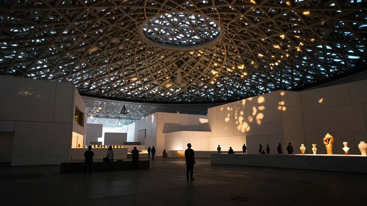 Visitors beneath Louvre Abu Dhabi&#039;s illuminated dome, bathed in shifting light and quiet ambiance.