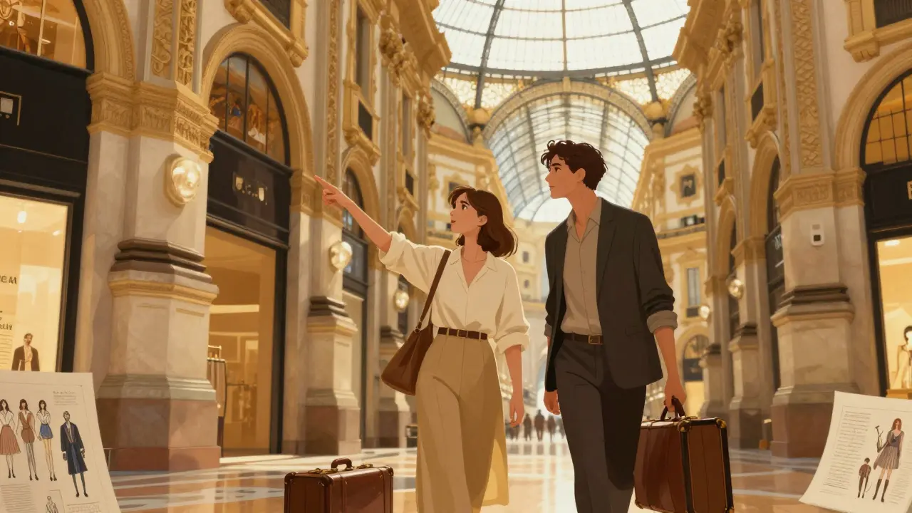 Woman guiding a client through the grand Galleria Vittorio Emanuele II, pointing out art.