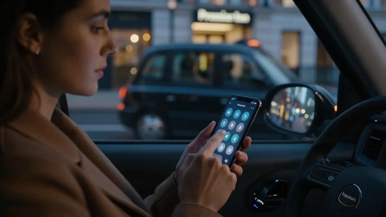 Woman using a burner phone in a taxi at night, safety device visible in her coat pocket.