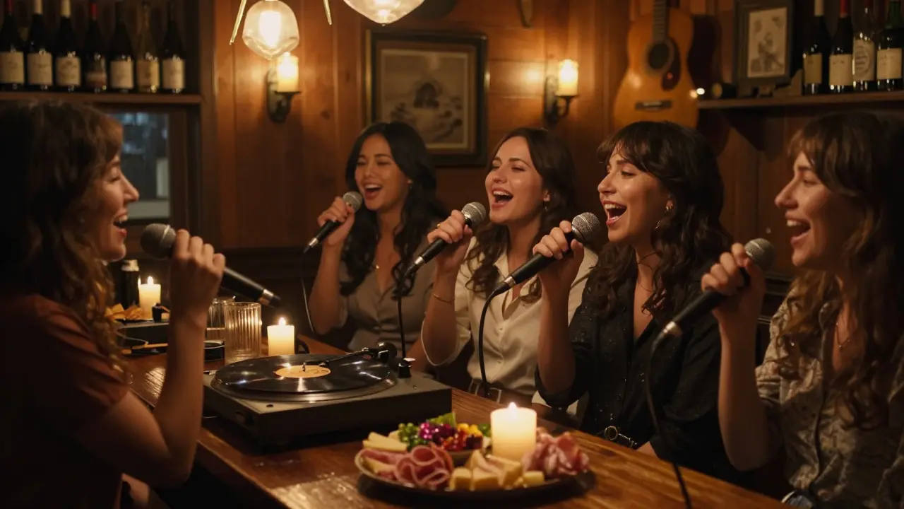 Women singing together in a cozy candlelit bar with wine bottles and vinyl records around them.