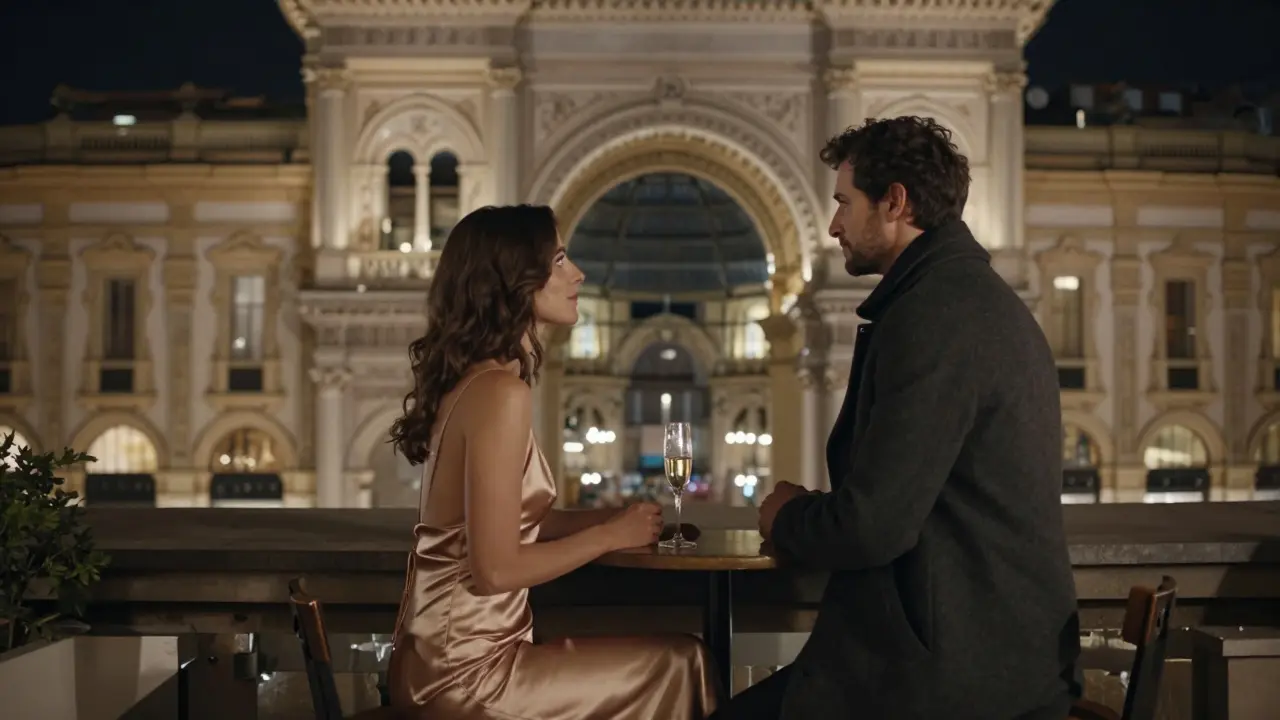 A couple on a Milan rooftop at night, silently enjoying the view of the historic Galleria.