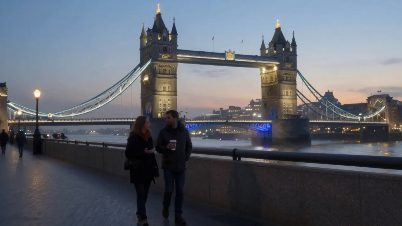 A couple walking along the Thames at night under the glow of Tower Bridge.