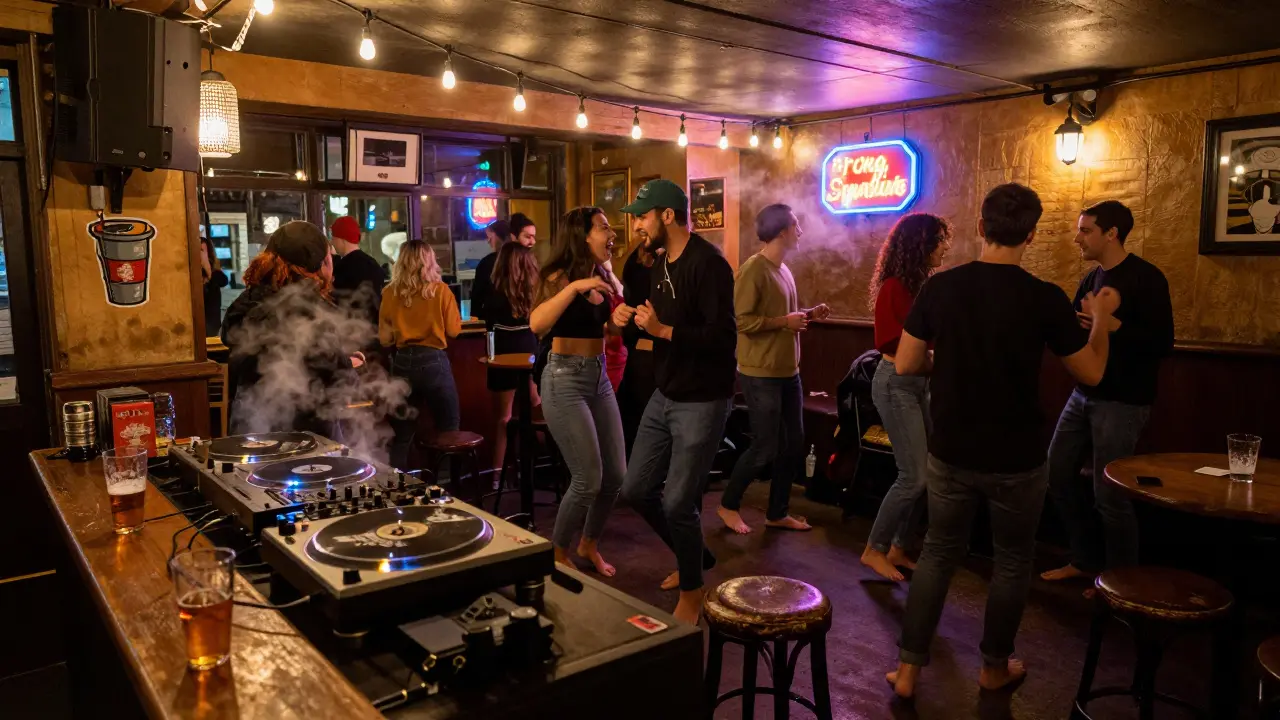 A cozy Peckham pub turned underground dance spot with a DJ spinning Afrobeat, people dancing barefoot under string bulbs.