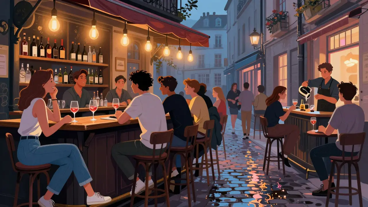 A lively Paris street bar at night with patrons laughing over wine at a wooden bar, indie music playing softly.