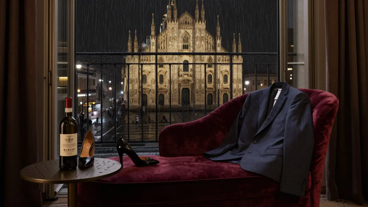 A luxurious hotel suite in Milan, suggesting intimacy through carefully arranged clothing and lighting.