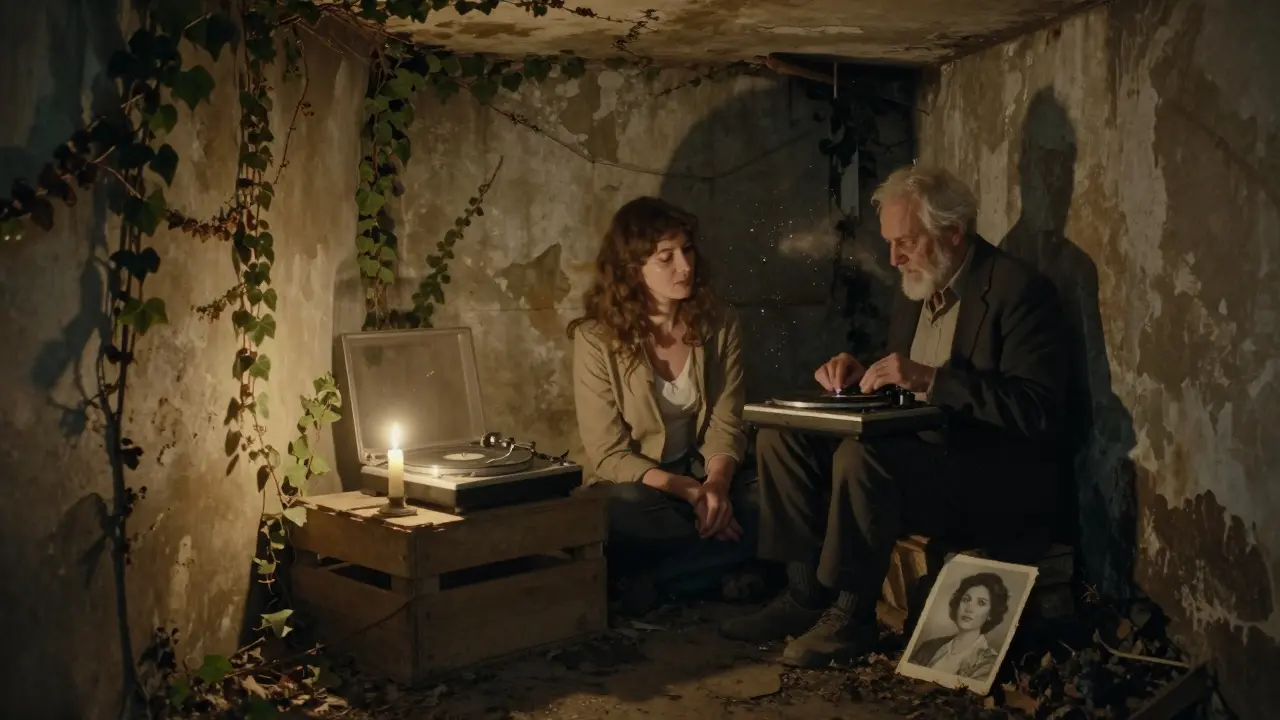 A man and woman in an abandoned bunker, lit by a single candle, with a turntable playing jazz and a photo on the floor.