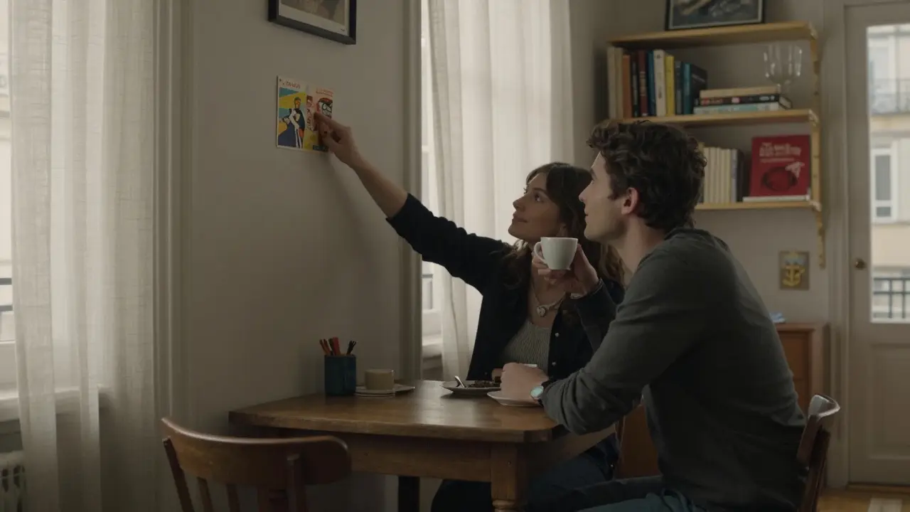 A man and woman share coffee in a cozy Paris apartment, a vintage postcard on the wall, soft natural light.