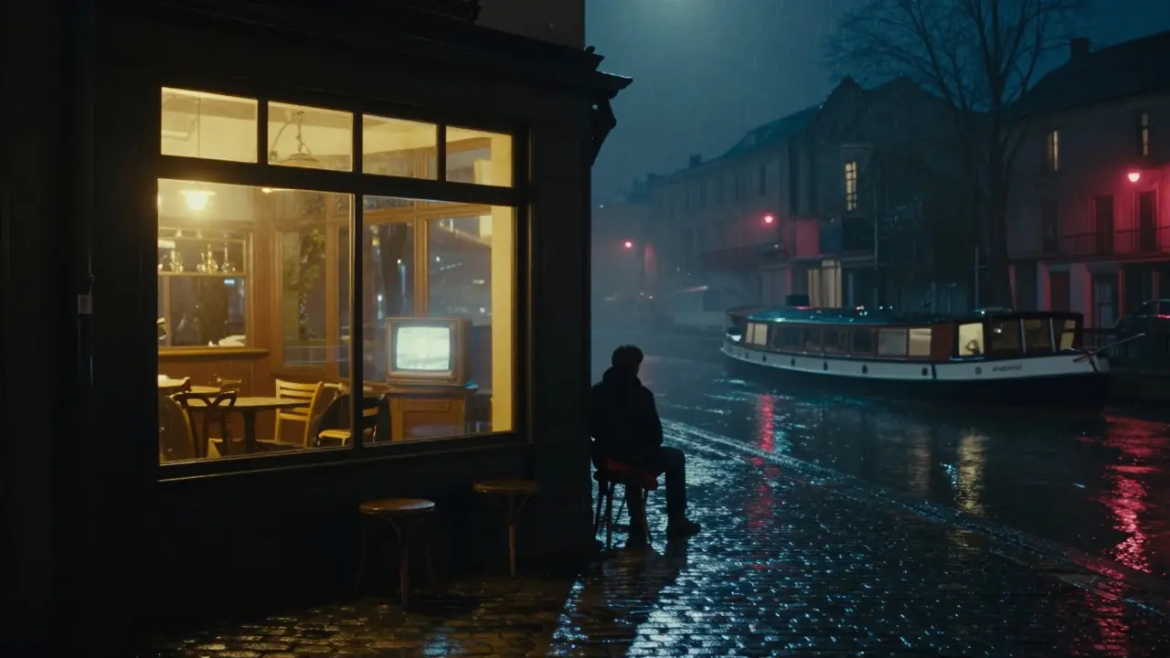 A quiet canal-side dive bar at night, rain reflections, silent film glowing on TV, lone figure by window.