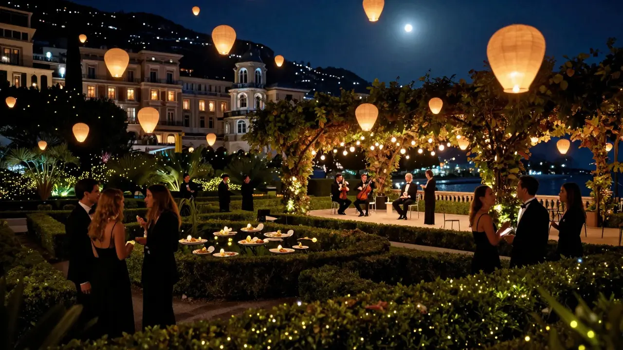 A secret garden party in Monaco lit by lanterns, guests in black tie surrounded by soft glowing light.
