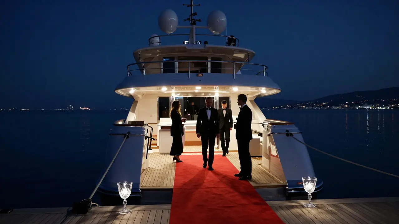 A superyacht at Port Hercules with guests stepping onto a red carpet leading to the sea.