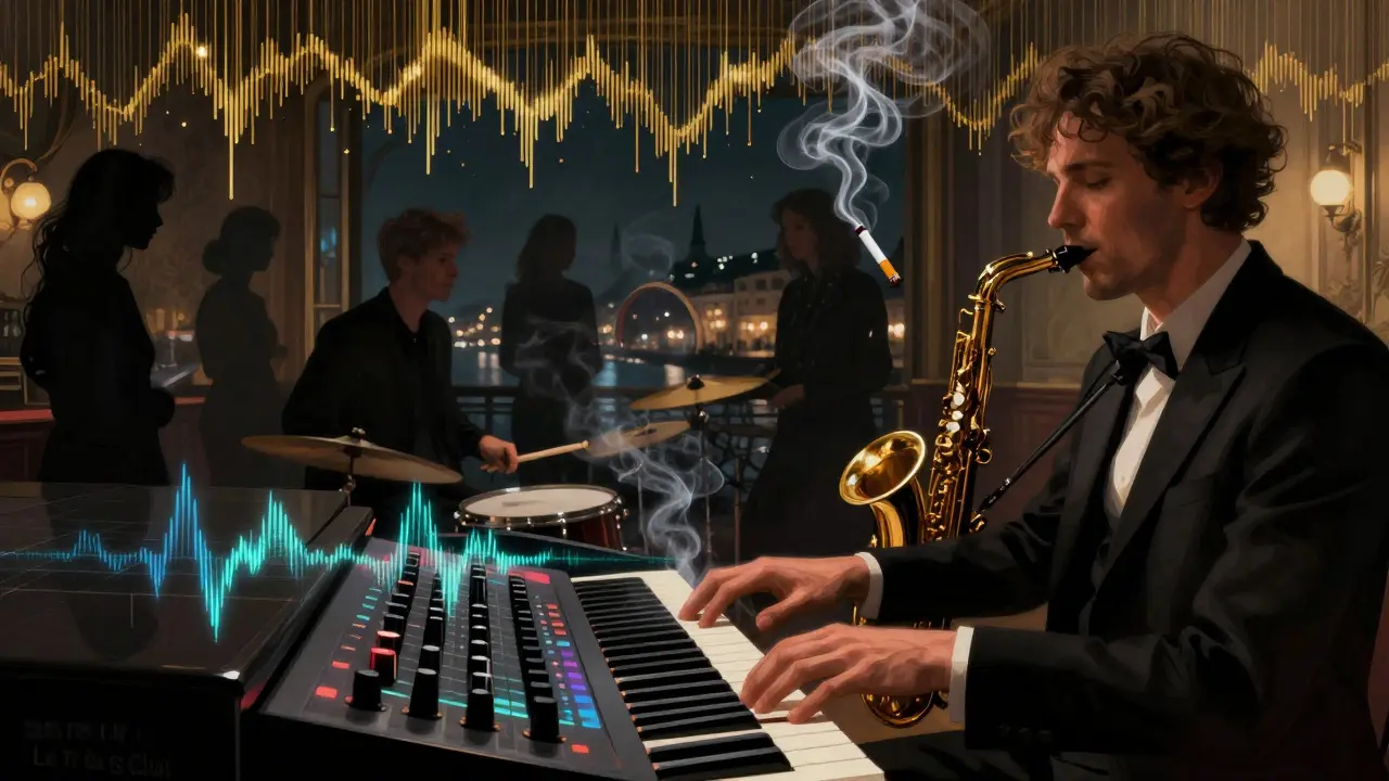A surreal fusion of jazz and electronic music in a Parisian club at midnight.