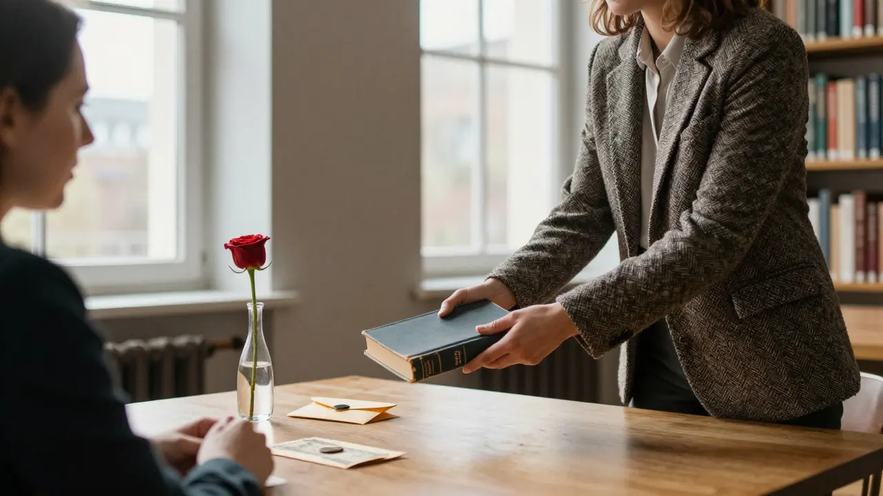 A woman hands a book to a client in a quiet library, sunlight streaming through tall windows.