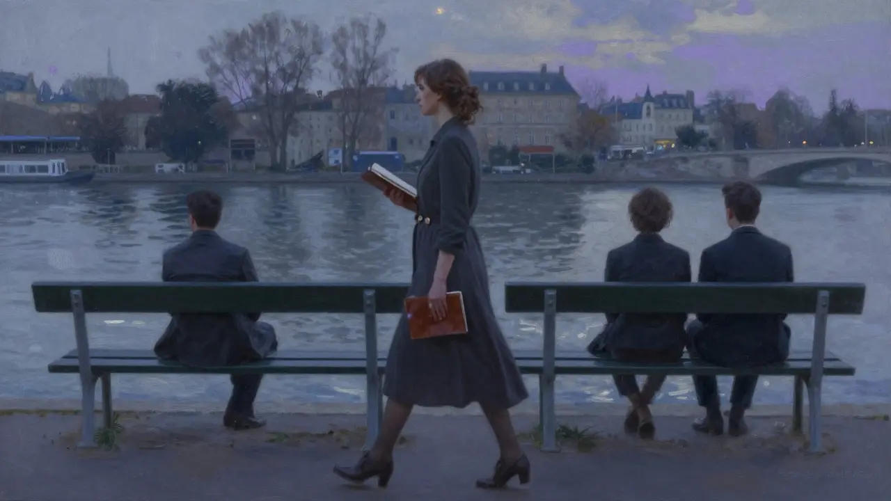 A woman walks alone by the Seine at dusk, her reflection briefly mirroring a man on a bench.