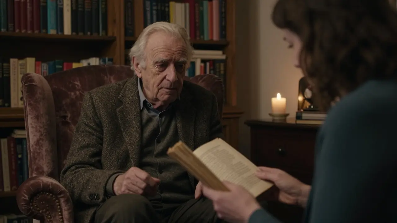An elderly man listening to poetry being read aloud by a companion in a cozy, book-filled living room.