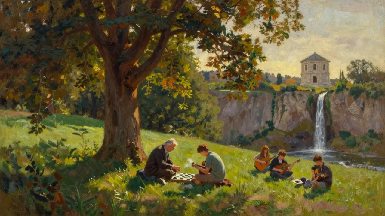 An elderly man plays chess under a tree in a peaceful Parisian park at sunset.