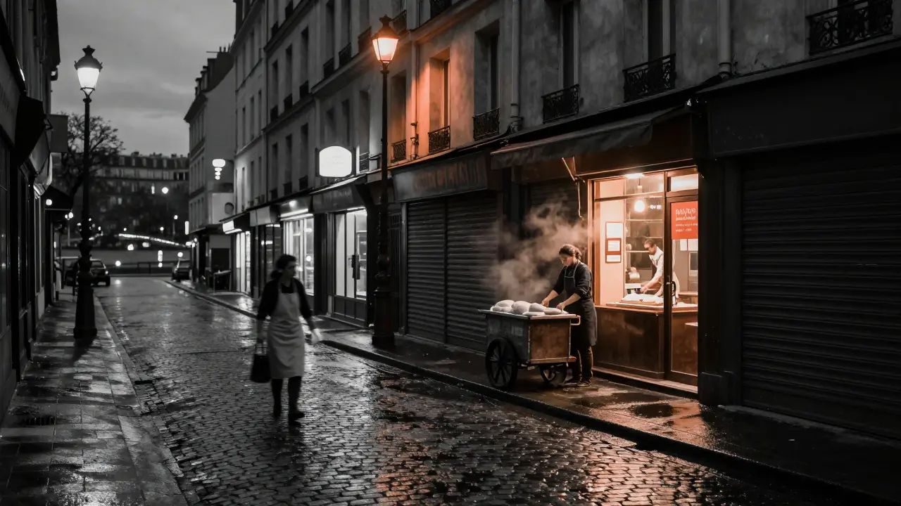 An empty Paris street at night reflects lights as a bakery worker begins her morning routine.