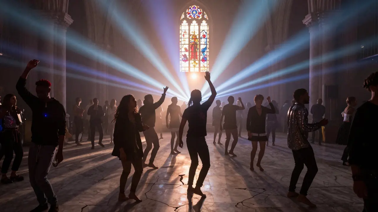 An underground rave in a converted church at sunrise, diverse crowd dancing under strobing lights and stained glass.