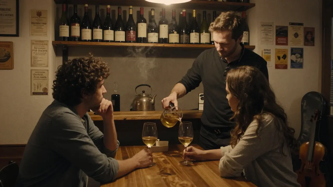 Couple receiving wine pours in a hidden basement bar with rustic shelves and warm lighting.