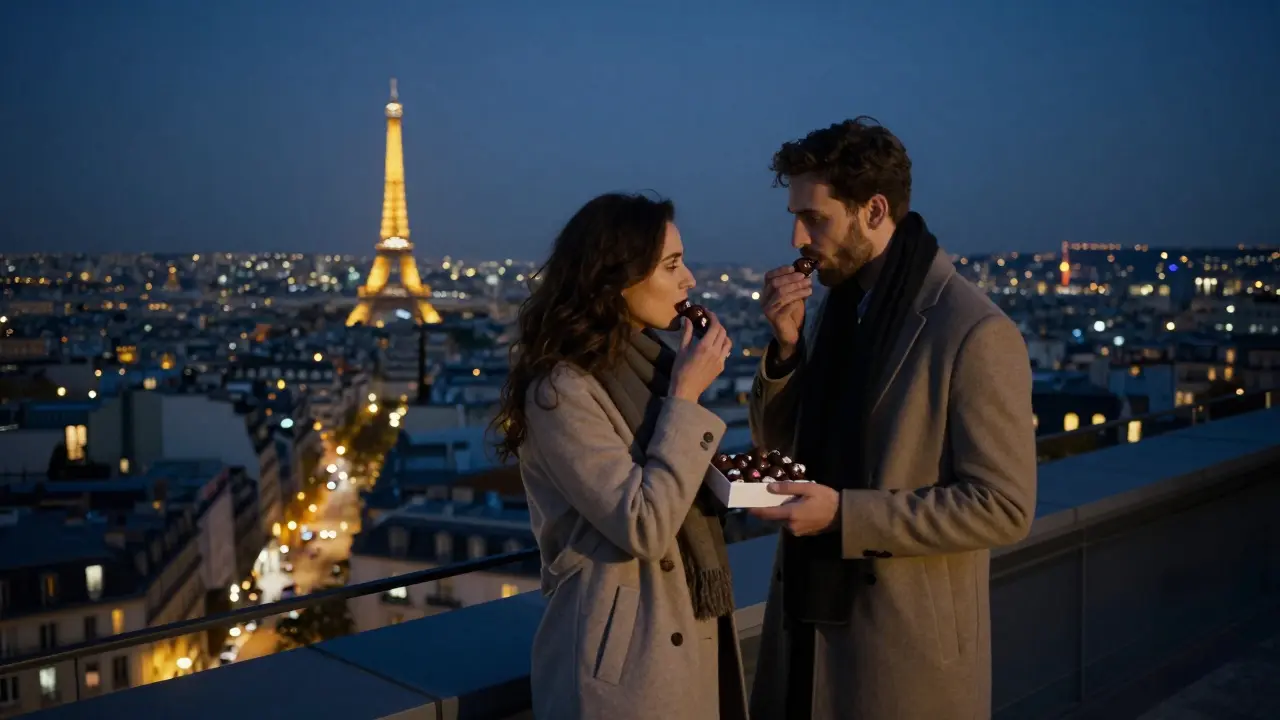 Couple sharing chocolate on a quiet rooftop with Paris lights glowing below.